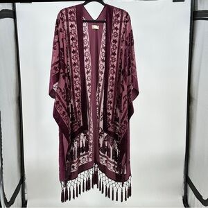 Women’s Fringe Kimono Cardigan - Plum Floral